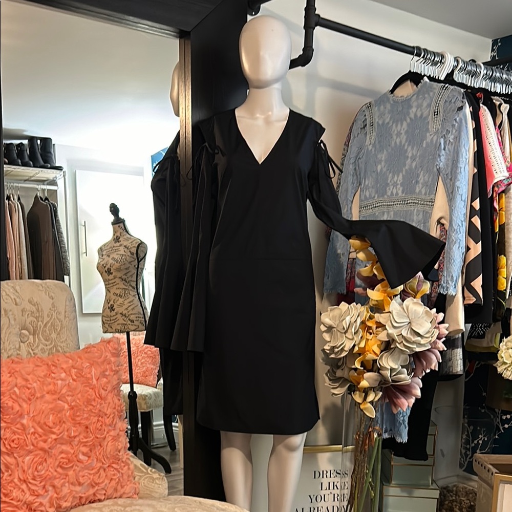 Derek Lam Black V-Neck Bell Sleeve Cocktail Dress
